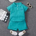2pcs Toddler Boy Basic Letter Textured Polo Shirt and Shorts Set Turquoise