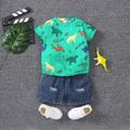 2pcs Toddler Boy Playful Ripped Denim Shorts and Dinosaur Print Tee Set Turquoise