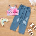 2pcs Toddler Girl Letter Print Tie Dyed Camisole and Straight Ripped Denim Jeans Set Multi-color image 1