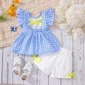 Summer Picnic Baby Girl 2pcs Plaid Floral Applique Flutter-sleeve Blue Top and Bow Decor White Shorts Set Blue
