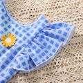 Summer Picnic Baby Girl 2pcs Plaid Floral Applique Flutter-sleeve Blue Top and Bow Decor White Shorts Set Blue
