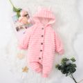 Baby Boy/Girl Solid Button Front 3D Ears Hooded Long-sleeve Thermal Fuzzy Jumpsuit Pink