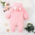 Baby Boy/Girl Solid Button Front 3D Ears Hooded Long-sleeve Thermal Fuzzy Jumpsuit Pink image 2