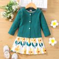 2pcs Toddler Girl Floral Print Sleeveless Dress and Ribbed Jacket Set Green