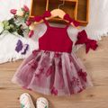 2pcs Baby Girl 95% Cotton Rib Knit Bowknot Decor Splicing Embroidered Mesh Dress with Headband Set Red