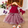 2pcs Baby Girl 95% Cotton Rib Knit Bowknot Decor Splicing Embroidered Mesh Dress with Headband Set Red