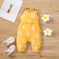 100% Cotton Crepe Baby Girl Button Front Allover Daisy Floral Print Belted Cami Jumpsuit Yellow