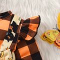 Halloween 2pcs Baby Girl Plaid Long-sleeve Splicing Allover Print Ruffle Romper with Headband Set LightKhaki