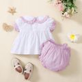 100% Cotton Baby Girl Doll Collar Short-sleeve White Top and Bow Decor Pink Bloomer Shorts Set Light Purple
