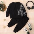 2pcs Toddler Boy Trendy Plaid Splice Pocket Design Black Sweatshirt and Pants Set Black image 1