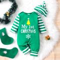 Christmas 2pcs Baby Boy/Girl 95% Cotton Striped Long-sleeve Letter Print Jumpsuit with Hat Set Green