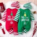Christmas 2pcs Baby Boy/Girl 95% Cotton Striped Long-sleeve Letter Print Jumpsuit with Hat Set Green