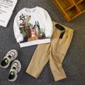 2pcs Toddler Boy Playful Animal Print Sweatshirt and Belted Pants Set White
