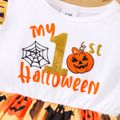 Halloween 2pcs Baby Girl 95% Cotton Long-sleeve Ruffle Trim Letter & Pumpkin Print Spliced Dress with Headband Set Orange