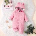 Baby Girl Solid Textured 3D Ears Hooded Long-sleeve Button Front Jumpsuit Red