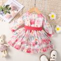 Baby Girl Allover Floral Print Surplice Neck Long-sleeve Belted Layered Dress Pink image 2