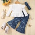 3pcs Baby Girl 100% Cotton Allover Stars Print Flared Jeans and Letter Embroidered Rib Knit Ruffle Trim Long-sleeve Top with Headband Set White image 2