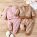 2pcs Baby Boy/Girl Long-sleeve Striped Textured Pullover and Pants Set Pink image 1