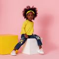 3pcs Toddler Girl Sweet Patchwork Ripped Denim Jeans & Peplum Tee and Headband Set Yellow image 3