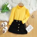 2pcs Toddler Girl Sweet Mock Neck Puff-sleeve Tee and Button Design Skirt Set Yellow