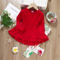 3pcs Toddler Girl Christmas Ruffled Bell sleeves Tee & Allover Print Leggings and Scarf Set Red image 1