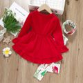 3pcs Toddler Girl Christmas Ruffled Bell sleeves Tee & Allover Print Leggings and Scarf Set Red image 2