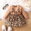 Baby Girl Animal Graphic Embroidered Solid Spliced Leopard Fleece Long-sleeve Dress Brown