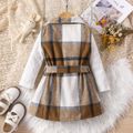 2pcs Toddler Girl Classic Mock Neck Textured Tee and Plaid Lapel Collar Belted Dress Set Brown image 2