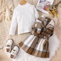 2pcs Toddler Girl Classic Mock Neck Textured Tee and Plaid Lapel Collar Belted Dress Set Brown image 3