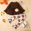 2pcs Toddler Girl Thanksgiving Graphic Embroidered Ruffled Tee and Flared Pants Set Brown image 1