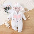 Baby Girl Fox Embroidered 3D Ears Hooded Long-sleeve Thermal Fuzzy Jumpsuit White image 1