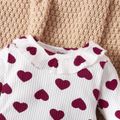 2pcs Baby Girl 95% Cotton Rib Knit Allover Heart Print Ruffle Collar Long-sleeve Romper and Sold Textured Overall Dress Set Burgundy image 4