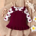 2pcs Baby Girl 95% Cotton Rib Knit Allover Heart Print Ruffle Collar Long-sleeve Romper and Sold Textured Overall Dress Set Burgundy image 2