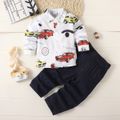 2pcs Toddler Boy Playful Denim Jeans and Car Print Shirt Set White image 1