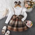 2pcs Toddler Girl Sweet Faux-two Bowknot Design Plaid Long-sleeve Dress and Headband Beige image 1