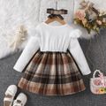 2pcs Toddler Girl Sweet Faux-two Bowknot Design Plaid Long-sleeve Dress and Headband Beige image 2