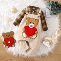 2pcs Baby Boy Long-sleeve Plaid Romper and Bear Embroidered Corduroy Overalls Set Khaki image 3