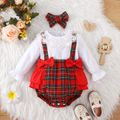 2pcs Baby Girl 95% Cotton Long-sleeve Lace Collar Red Plaid Ruffle Trim Bow Front Romper with Headband Set Red image 1