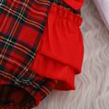 Christmas 2pcs Baby Girl 95% Cotton Long-sleeve Lace Collar Red Plaid Ruffle Trim Bow Front Romper with Headband Set Red