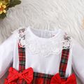 2pcs Baby Girl 95% Cotton Long-sleeve Lace Collar Red Plaid Ruffle Trim Bow Front Romper with Headband Set Red image 3