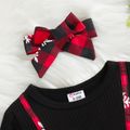 Christmas 2pcs Baby Girl 95% Cotton Rib Knit Spliced Snowflake Print Red Plaid Bow Front Long-sleeve Dress with Headband Set Black image 4