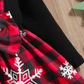 Christmas 2pcs Baby Girl 95% Cotton Rib Knit Spliced Snowflake Print Red Plaid Bow Front Long-sleeve Dress with Headband Set Black image 5