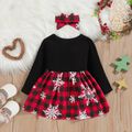 Christmas 2pcs Baby Girl 95% Cotton Rib Knit Spliced Snowflake Print Red Plaid Bow Front Long-sleeve Dress with Headband Set Black image 3