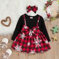 Christmas 2pcs Baby Girl 95% Cotton Rib Knit Spliced Snowflake Print Red Plaid Bow Front Long-sleeve Dress with Headband Set Black image 2