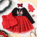 2pcs Toddler Girl Christmas Plaid Mesh Splice Dress and Fuzzy Vest Set redblack image 1