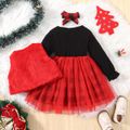 2pcs Toddler Girl Christmas Plaid Mesh Splice Dress and Fuzzy Vest Set redblack image 2