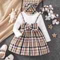 2pcs Toddler Girl Classic Faux-two Plaid Ribbed Splice Dress and Headband White image 1