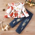 2pcs Toddler Girl Sweet Ripped Denim Jeans and Floral Print Tee Set Multi-color image 1