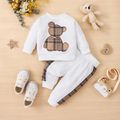 2pcs Toddler Boy Playful Bear Embroidered Sweatshirt and Plaid Splice Pants Set White image 1