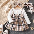 2pcs Baby Girl Plaid Bow Front Spliced Ribbed Long-sleeve Dress with Headband Set Brown image 1